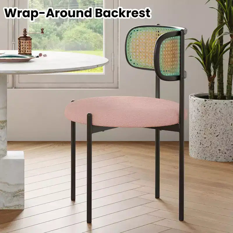 Chaises de salle à manger modernes rembourrées, dossier en rotin avec pieds en métal rose