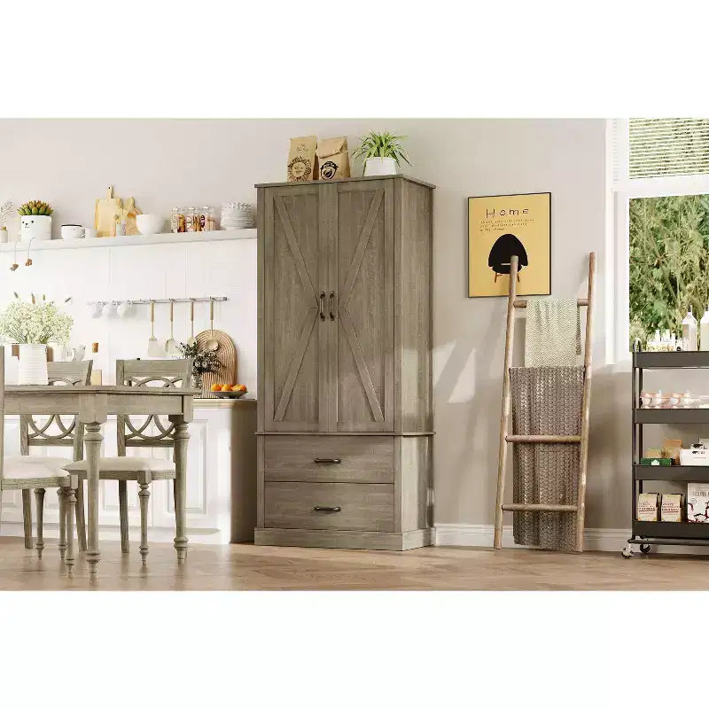 Kitchen Pantry Storage Cabinet with Adjustable Shelves, and Barn Doors, Drawer, Freestanding Tall Kitchen Cabinet