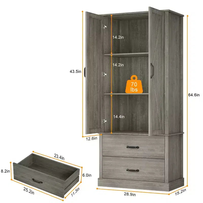 Meuble de rangement de cuisine avec étagères réglables et portes coulissantes, tiroir, armoire de cuisine haute autoportante