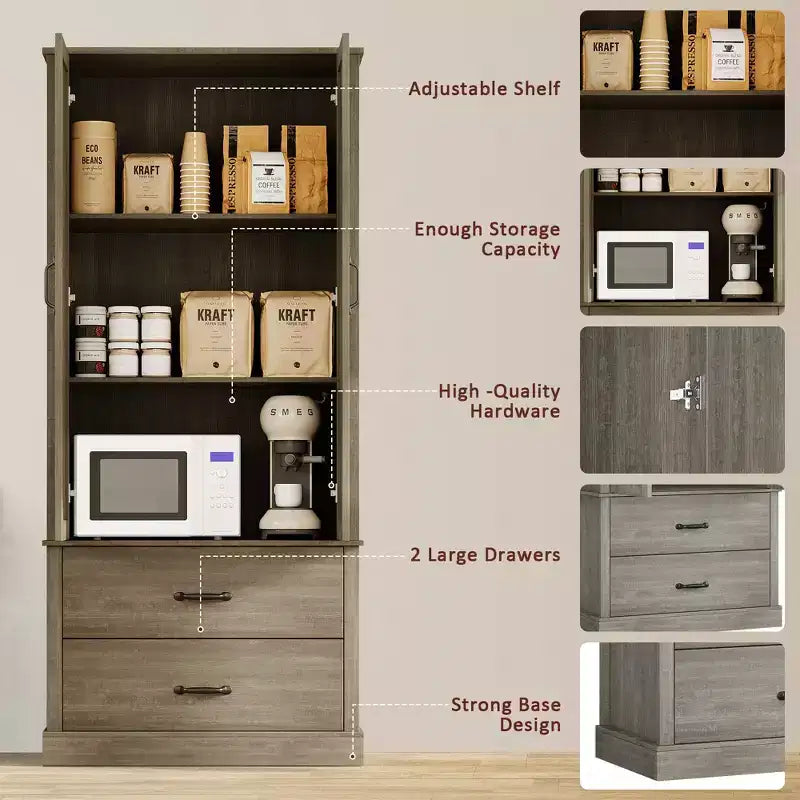 Meuble de rangement de cuisine avec étagères réglables et portes coulissantes, tiroir, armoire de cuisine haute autoportante