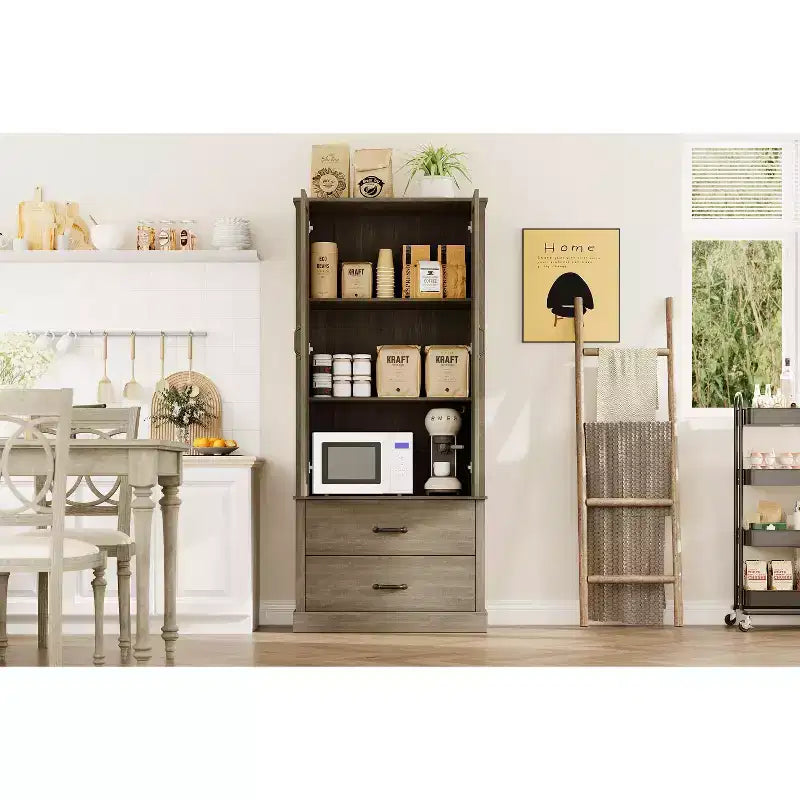 Meuble de rangement de cuisine avec étagères réglables et portes coulissantes, tiroir, armoire de cuisine haute autoportante