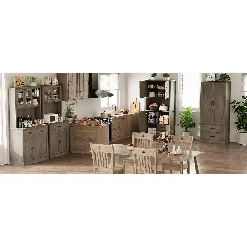 Meuble de rangement de cuisine avec étagères réglables et portes coulissantes, tiroir, armoire de cuisine haute autoportante