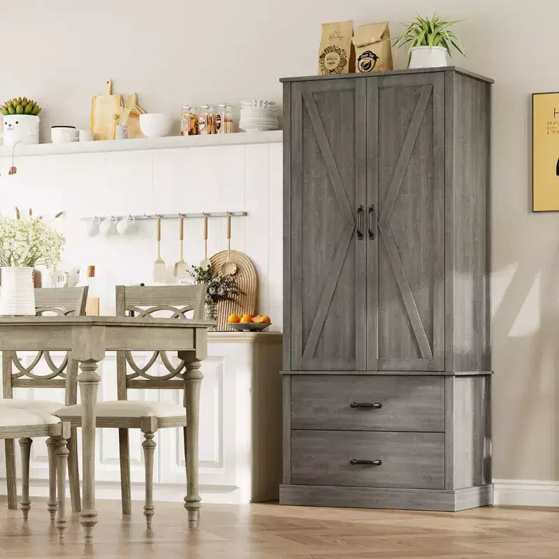 Meuble de rangement de cuisine avec étagères réglables et portes coulissantes, tiroir, armoire de cuisine haute autoportante
