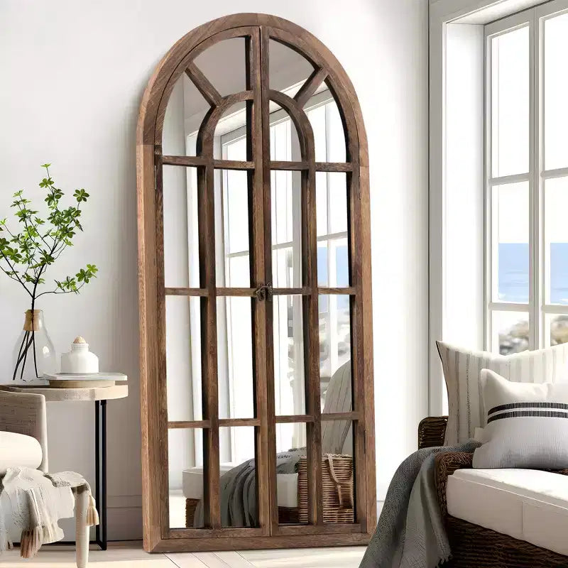 PexFix 71 in. x 32 in. Classic Arched Solid Wood Solid Wood Window Pane Full Length Mirror Arched Top Rectangle Freestanding Brown