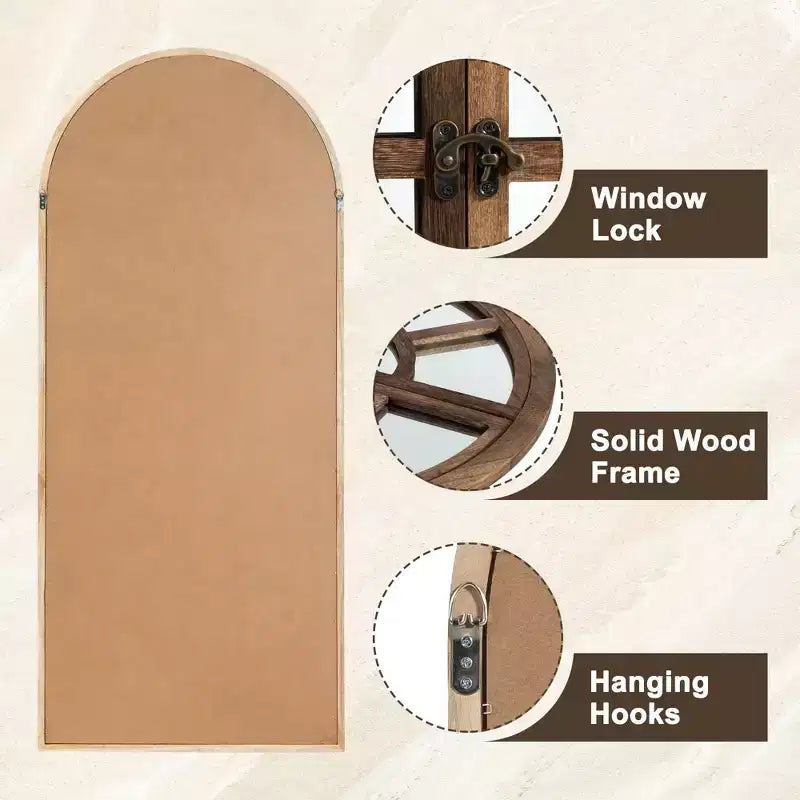 Miroir pleine longueur, en bois massif, avec cadre en arche classique, 71 po x 32 po, modèle à fenêtre, rectangulaire avec dessus arqué, autoportant, brun