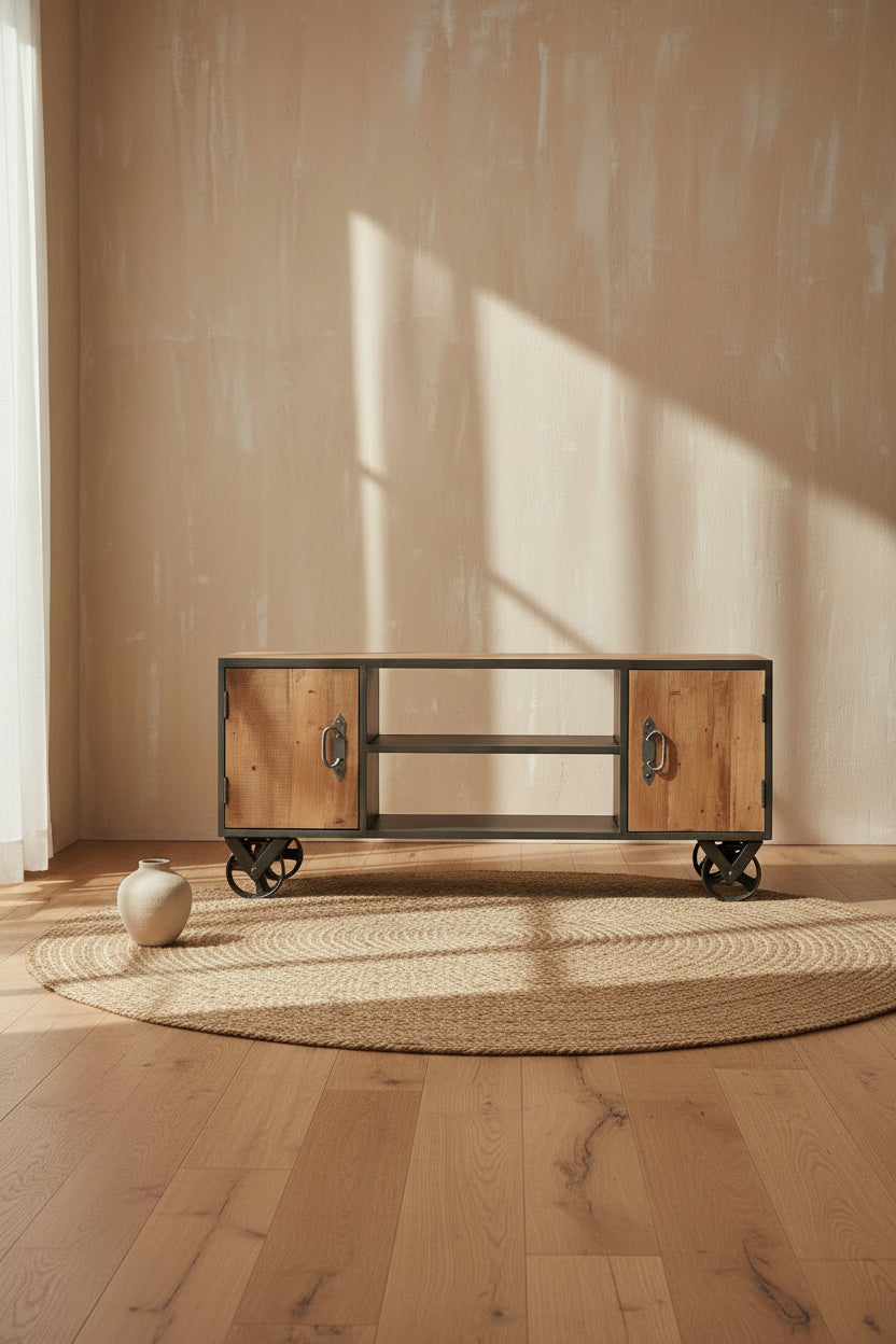 Meuble TV en bois naturel avec finition en acier gris