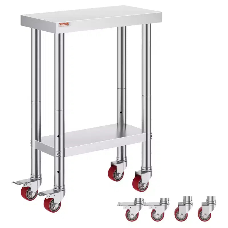 VEVOR Stainless Steel Work Table 12 x 24 x 33 Inch, 700 LBS Load Capacity with 4 Wheels, 3 Adjustable Height Levels, Silver