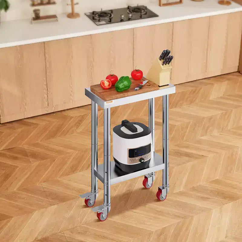 Table de travail en acier inoxydable 12 x 24 x 33 pouces, capacité de charge 700 livres avec 4 roues, 3 niveaux de hauteur réglables, argent