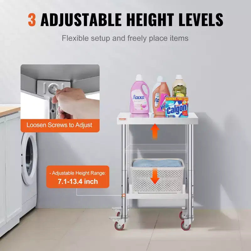 Table de travail en acier inoxydable 12 x 24 x 33 pouces, capacité de charge 700 livres avec 4 roues, 3 niveaux de hauteur réglables, argent