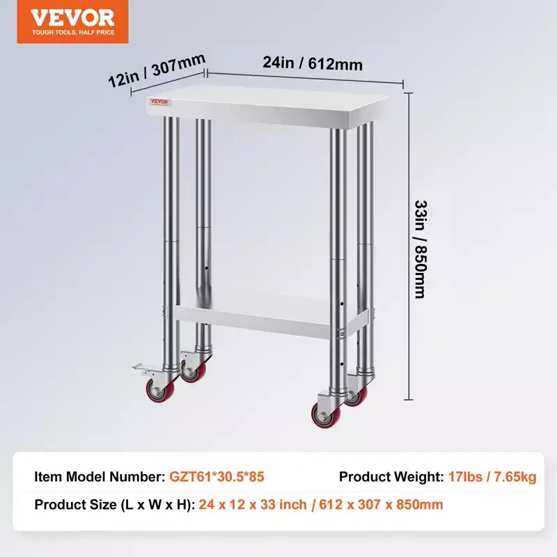 Table de travail en acier inoxydable 12 x 24 x 33 pouces, capacité de charge 700 livres avec 4 roues, 3 niveaux de hauteur réglables, argent