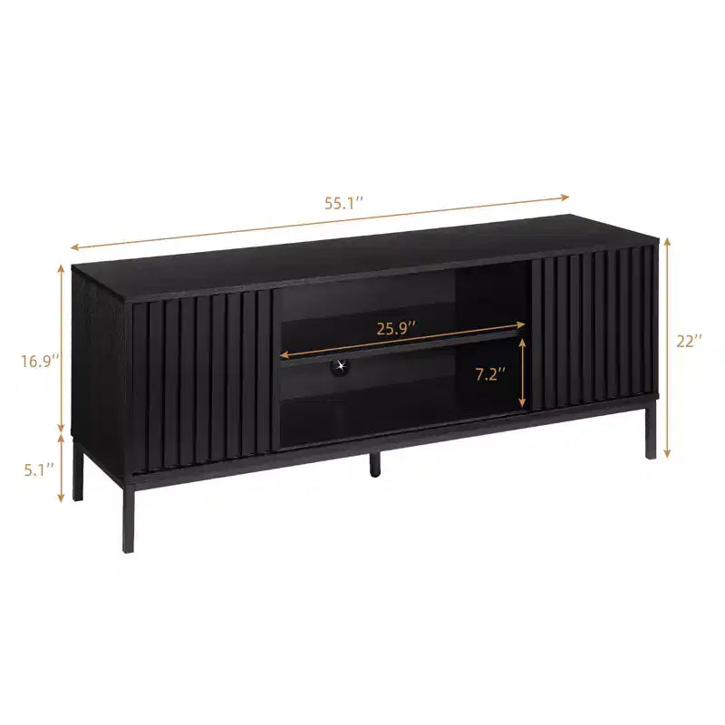 Meuble TV Mid-Century Modern pour téléviseurs jusqu'à 65 pouces, meuble TV de centre de divertissement avec rangement et portes coulissantes pour salon ou chambre, noir