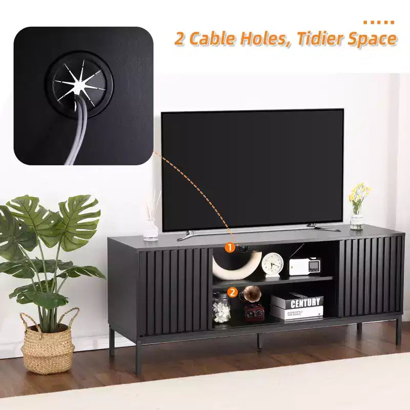 Meuble TV Mid-Century Modern pour téléviseurs jusqu'à 65 pouces, meuble TV de centre de divertissement avec rangement et portes coulissantes pour salon ou chambre, noir