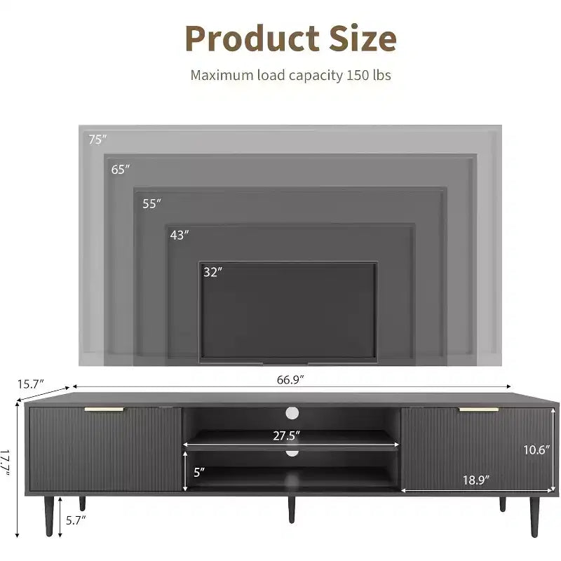 Meuble TV pour salon, pour téléviseurs de 75 pouces, meuble de divertissement avec 2 grands placards de rangement, charnières réglables, meuble TV en bois, table console multimédia
