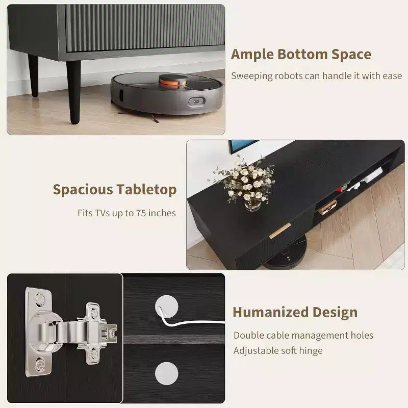 Meuble TV pour salon, pour téléviseurs de 75 pouces, meuble de divertissement avec 2 grands placards de rangement, charnières réglables, meuble TV en bois, table console multimédia