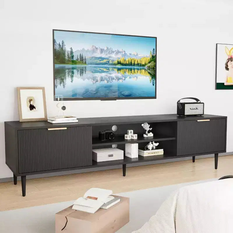 Meuble TV pour salon, pour téléviseurs de 75 pouces, meuble de divertissement avec 2 grands placards de rangement, charnières réglables, meuble TV en bois, table console multimédia