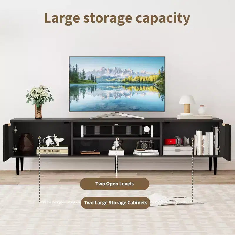 Meuble TV pour salon, pour téléviseurs de 75 pouces, meuble de divertissement avec 2 grands placards de rangement, charnières réglables, meuble TV en bois, table console multimédia