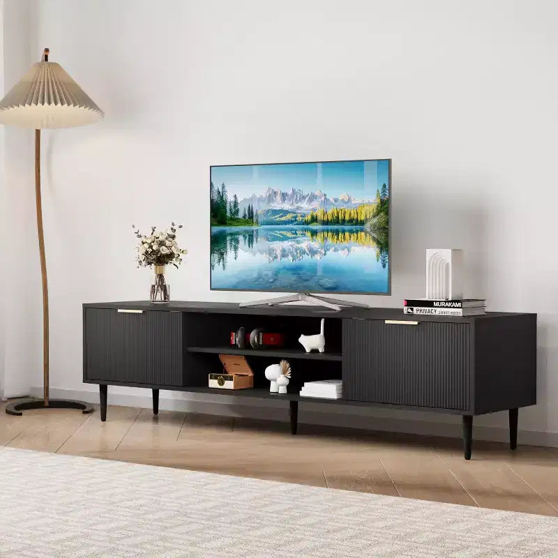 Meuble TV pour salon, pour téléviseurs de 75 pouces, meuble de divertissement avec 2 grands placards de rangement, charnières réglables, meuble TV en bois, table console multimédia