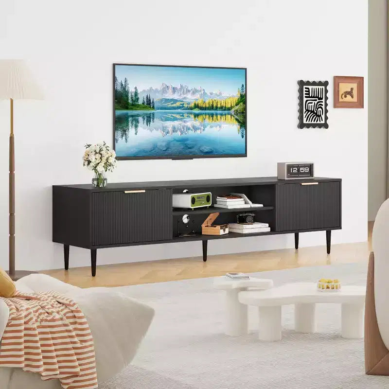 Meuble TV pour salon, pour téléviseurs de 75 pouces, meuble de divertissement avec 2 grands placards de rangement, charnières réglables, meuble TV en bois, table console multimédia