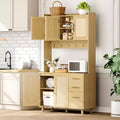71 Tall Kitchen Pantry Cabinet, Rattan Cupboard Storage Cabinet with Microwave Stand, Freestanding Coffee Bar Floor Cabinet, Kitchen Hutch