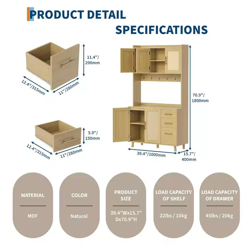 Meuble de cuisine haut de 71", buffet de rangement en rotin avec support micro-ondes, meuble de sol autoportant pour bar à café, vaisselier de cuisine
