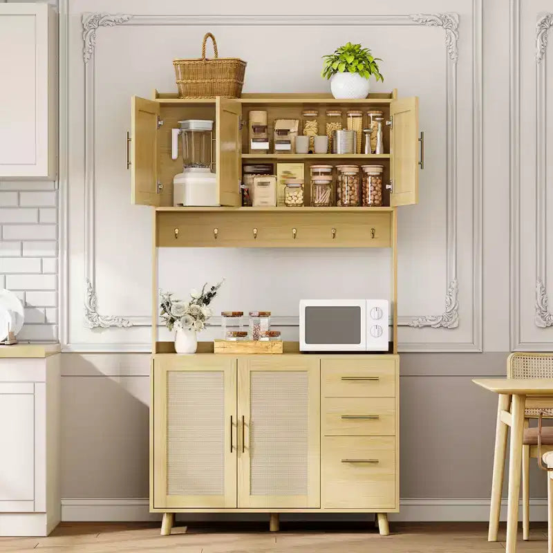 Meuble de cuisine haut de 71", buffet de rangement en rotin avec support micro-ondes, meuble de sol autoportant pour bar à café, vaisselier de cuisine