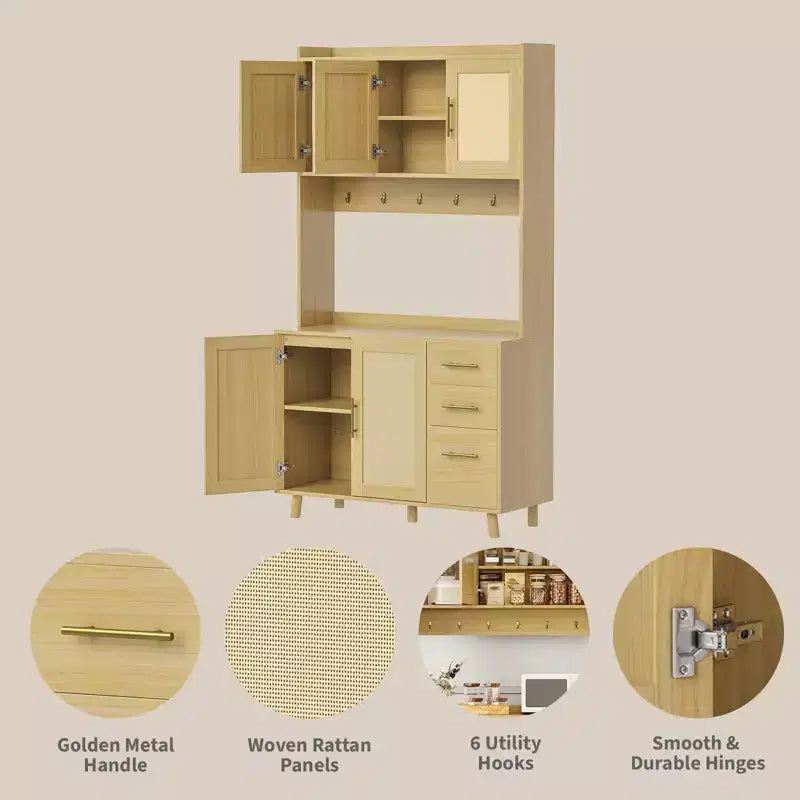 Meuble de cuisine haut de 71", buffet de rangement en rotin avec support micro-ondes, meuble de sol autoportant pour bar à café, vaisselier de cuisine