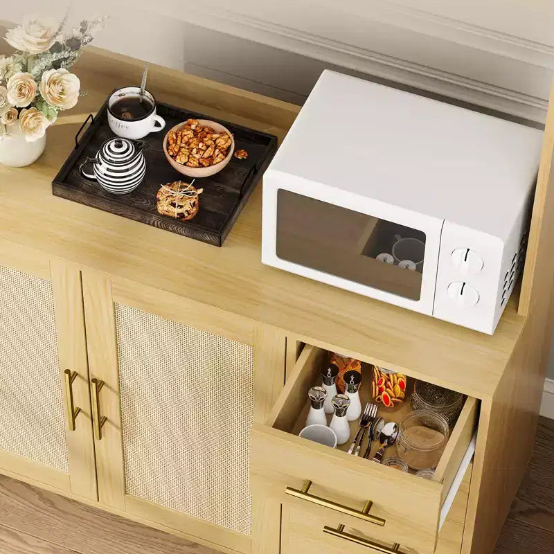 Meuble de cuisine haut de 71", buffet de rangement en rotin avec support micro-ondes, meuble de sol autoportant pour bar à café, vaisselier de cuisine