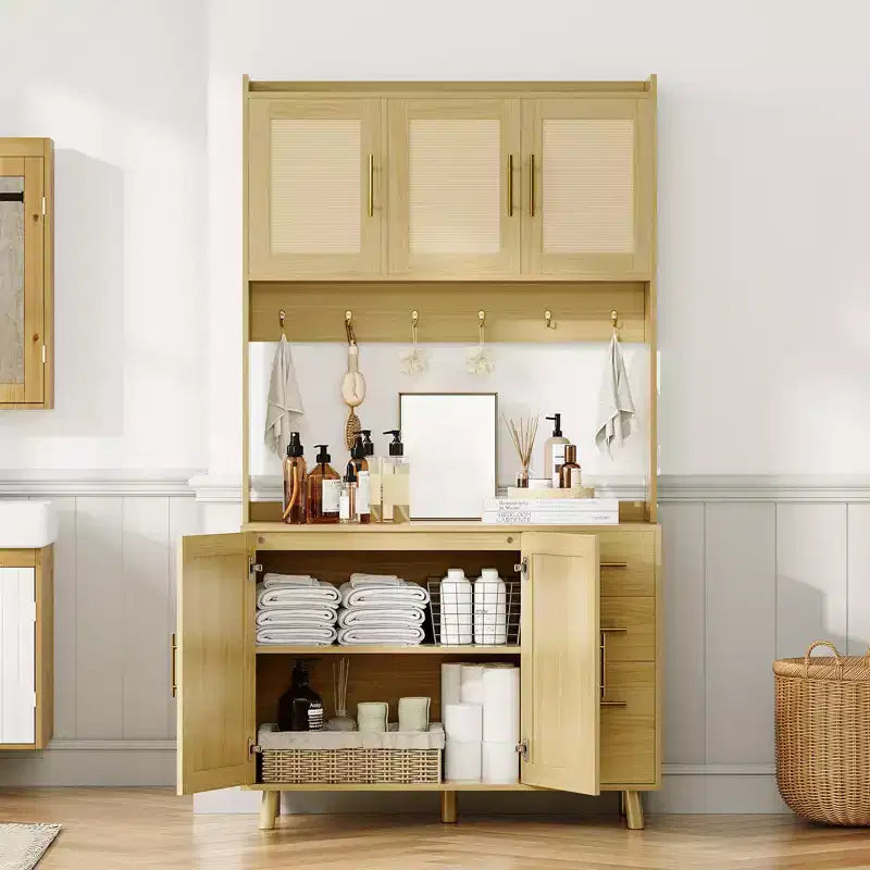 Meuble de cuisine haut de 71", buffet de rangement en rotin avec support micro-ondes, meuble de sol autoportant pour bar à café, vaisselier de cuisine