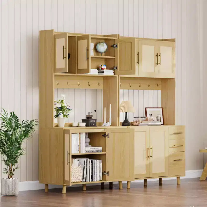 Meuble de cuisine haut de 71", buffet de rangement en rotin avec support micro-ondes, meuble de sol autoportant pour bar à café, vaisselier de cuisine