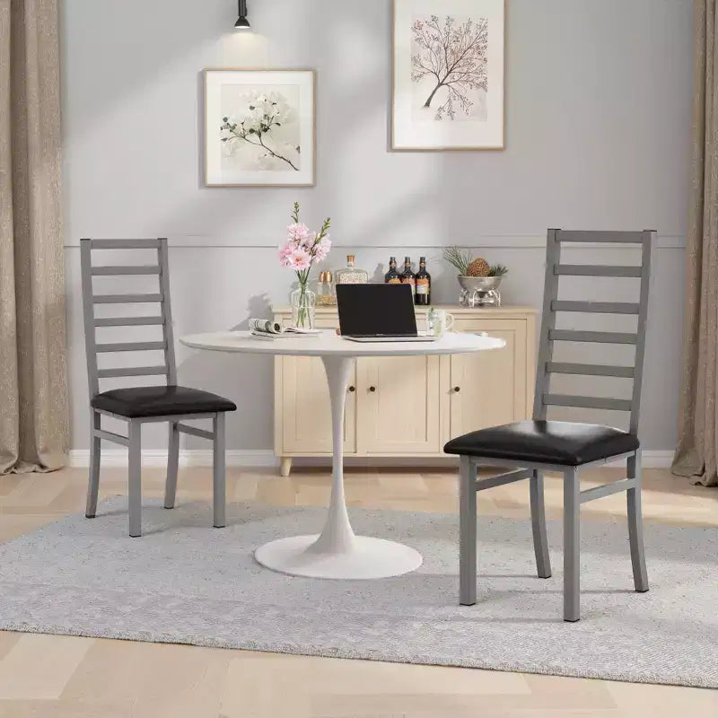 Chaises de salle à manger en métal Pieds en acier et sièges en cuir PU Dossier haut sans accoudoirs pour salon cuisine gris