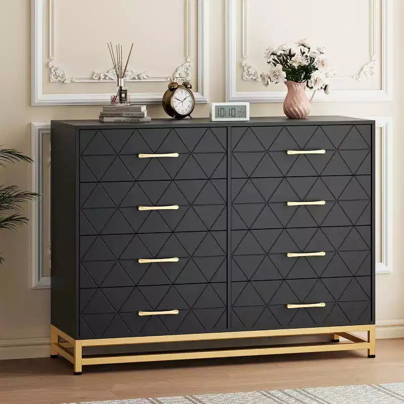 8-Drawer Wood Dresser - Modern Entertainment Center w/ Metal Handles & Legs for Bedroom & Living Room