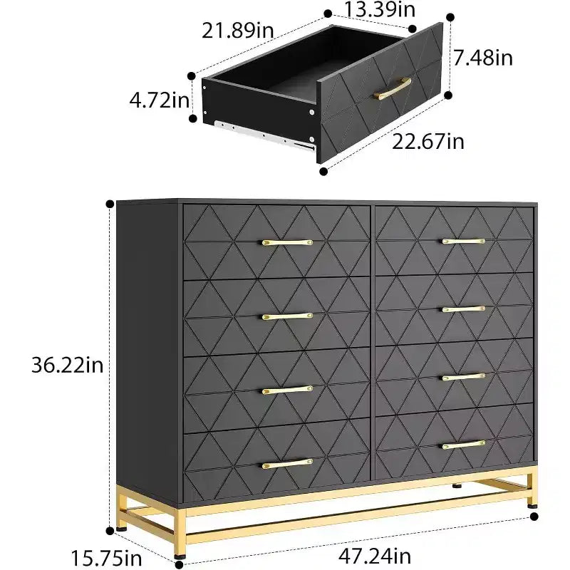 Commode en bois à 8 tiroirs - Meuble TV moderne avec poignées et pieds en métal pour chambre et salon