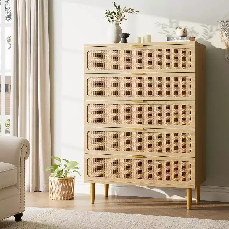 Commode 5 tiroirs en rotin - Grand chiffonnier avec plateau large pour chambre et salon