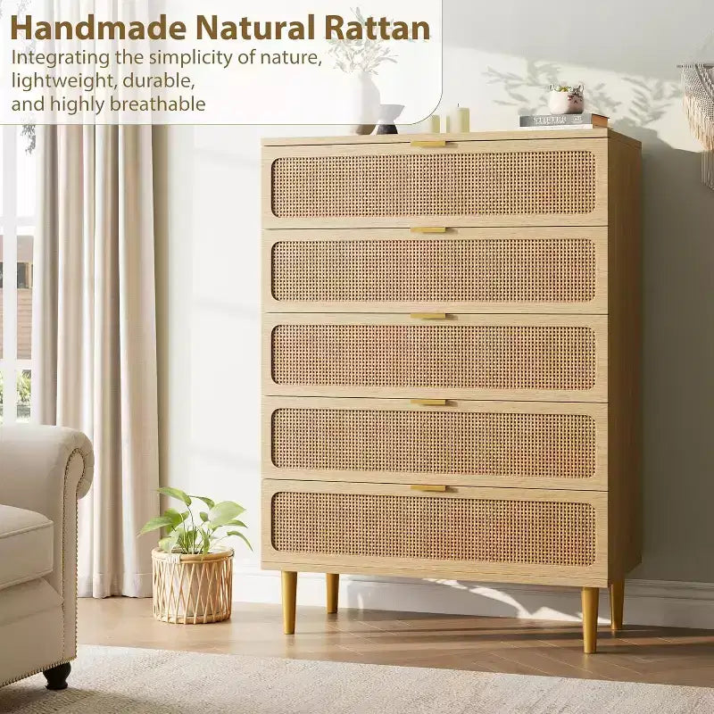 Commode 5 tiroirs en rotin - Grand chiffonnier avec plateau large pour chambre et salon