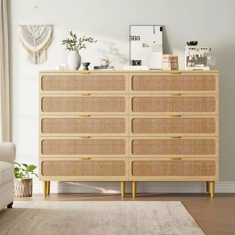 Commode 5 tiroirs en rotin - Grand chiffonnier avec plateau large pour chambre et salon