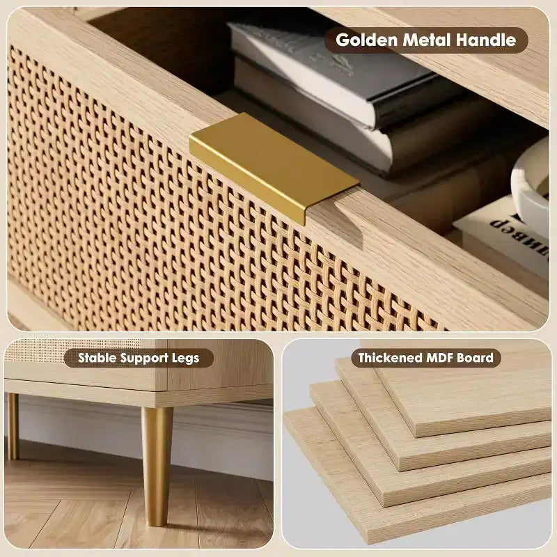 Commode 5 tiroirs en rotin - Grand chiffonnier avec plateau large pour chambre et salon