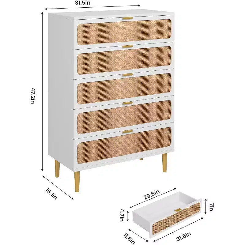 Commode 5 tiroirs en rotin - Grand chiffonnier avec plateau large pour chambre et salon