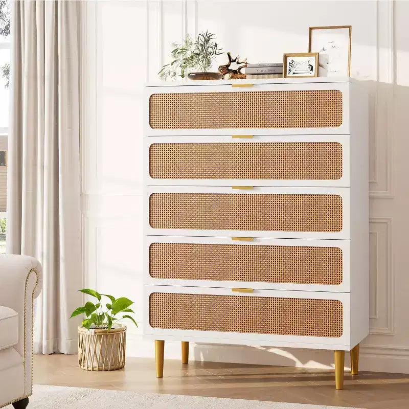 Commode 5 tiroirs en rotin - Grand chiffonnier avec plateau large pour chambre et salon