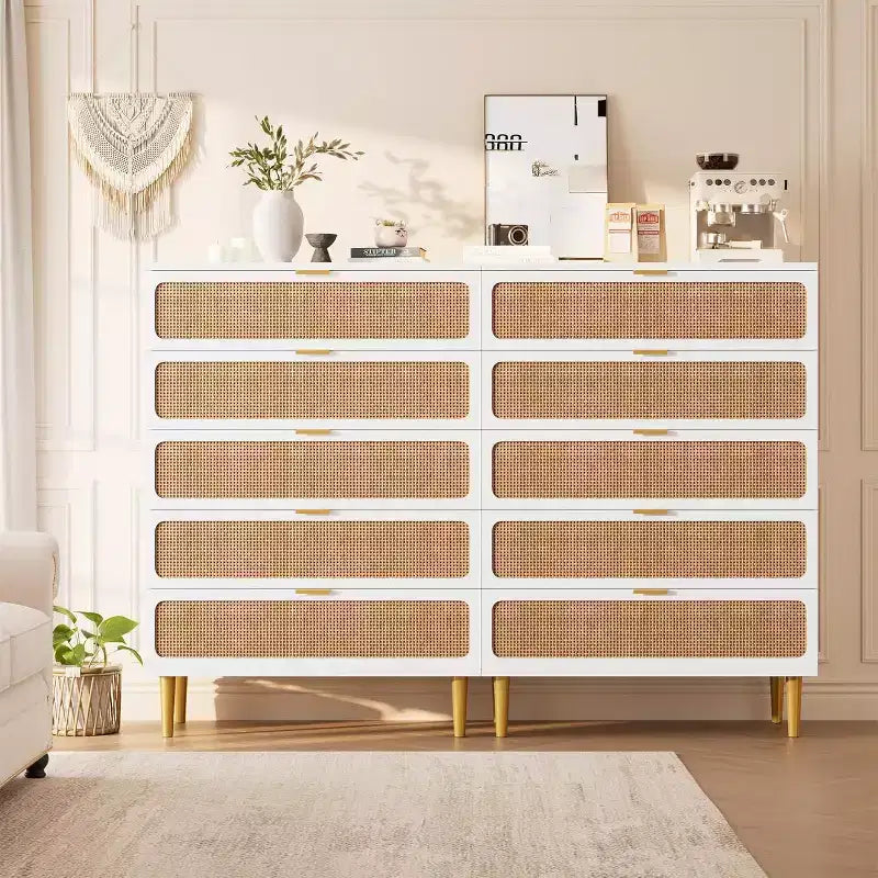 Commode 5 tiroirs en rotin - Grand chiffonnier avec plateau large pour chambre et salon