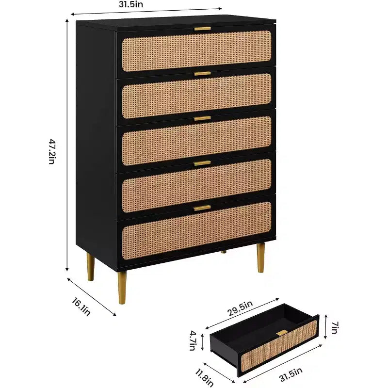 Commode 5 tiroirs en rotin - Grand chiffonnier avec plateau large pour chambre et salon