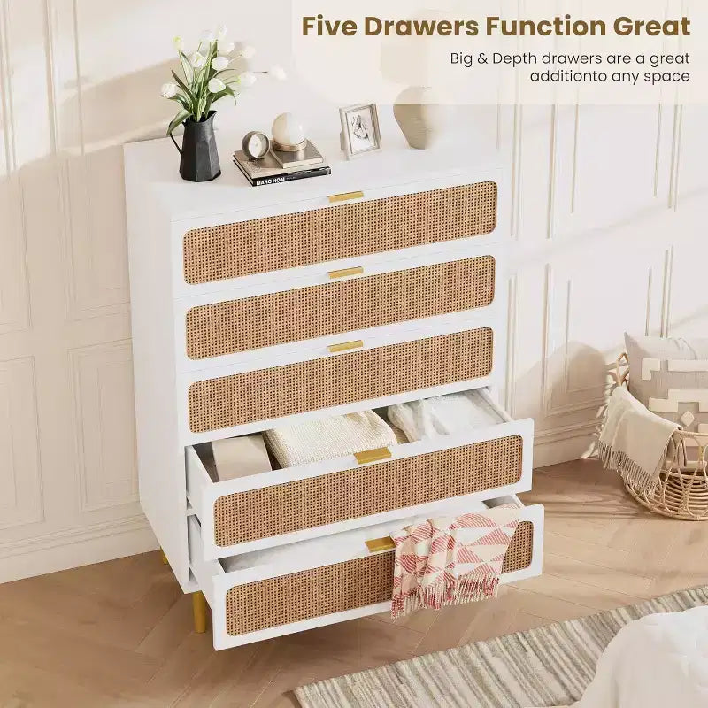 Commode 5 tiroirs en rotin - Grand chiffonnier avec plateau large pour chambre et salon
