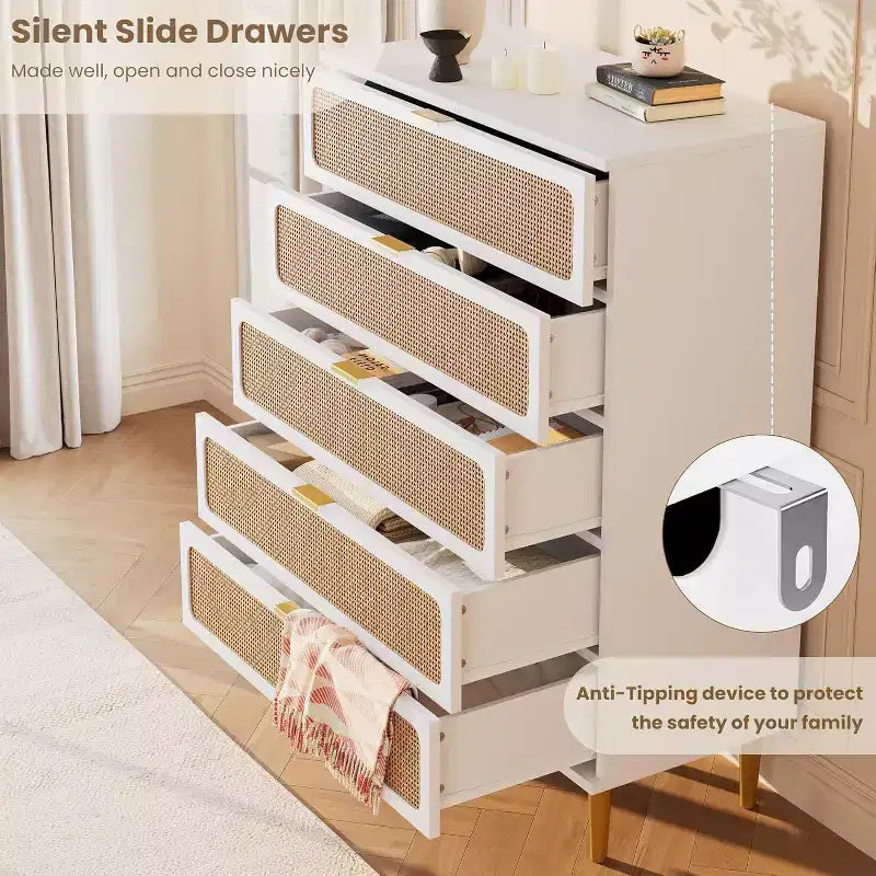 Commode 5 tiroirs en rotin - Grand chiffonnier avec plateau large pour chambre et salon