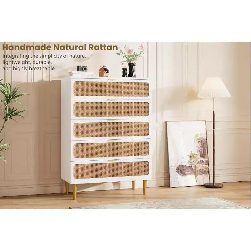 Commode 5 tiroirs en rotin - Grand chiffonnier avec plateau large pour chambre et salon