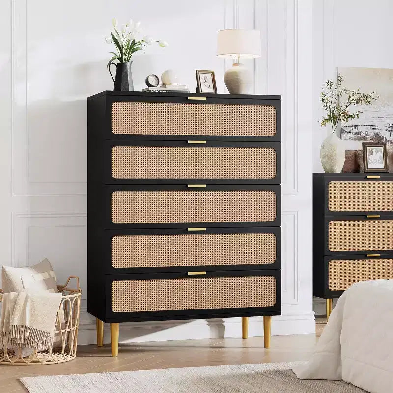 Commode 5 tiroirs en rotin - Grand chiffonnier avec plateau large pour chambre et salon