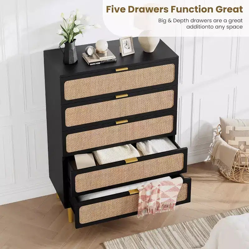 Commode 5 tiroirs en rotin - Grand chiffonnier avec plateau large pour chambre et salon
