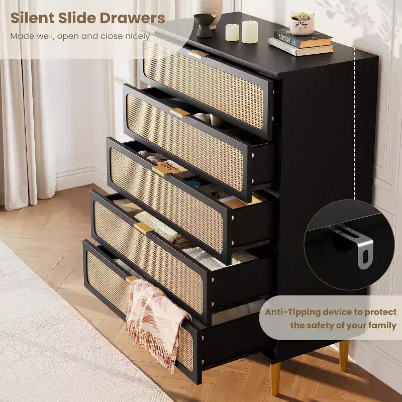 Commode 5 tiroirs en rotin - Grand chiffonnier avec plateau large pour chambre et salon