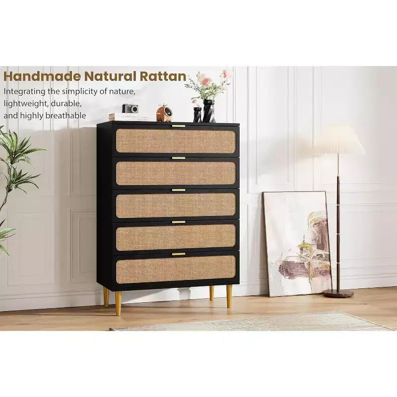 Commode 5 tiroirs en rotin - Grand chiffonnier avec plateau large pour chambre et salon
