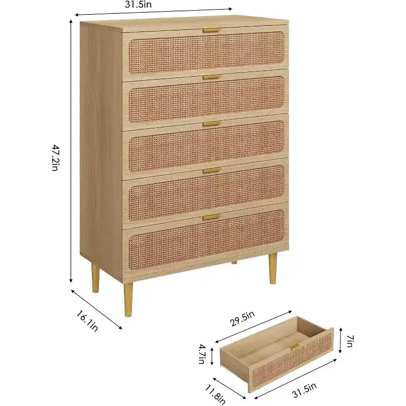 Commode 5 tiroirs en rotin - Grand chiffonnier avec plateau large pour chambre et salon