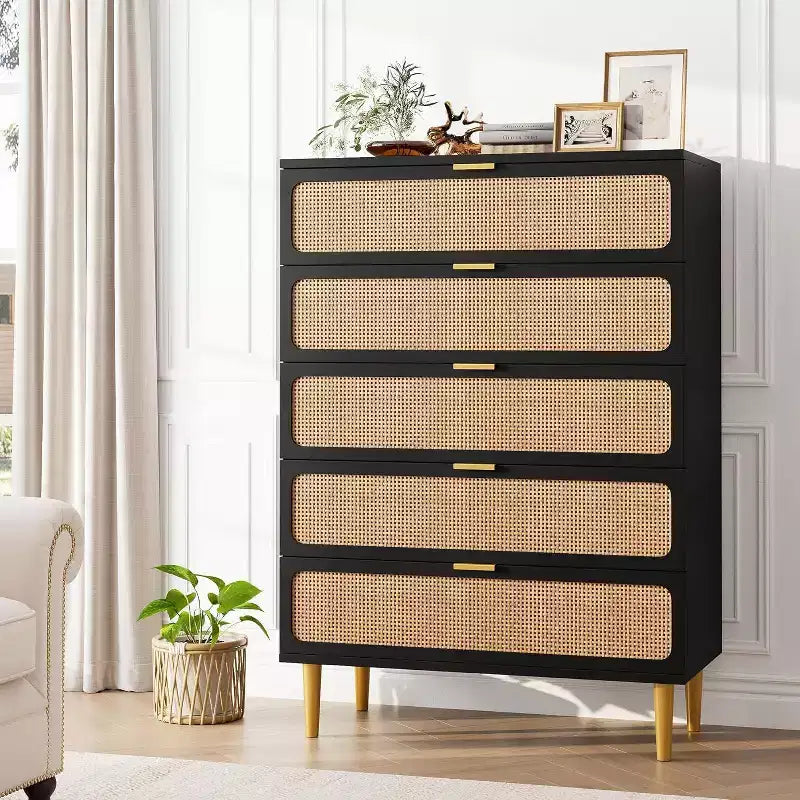 5-Drawer Rattan Dresser - Tall Storage Chest with Wide Top for Bedroom & Living Room