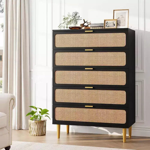 5-Drawer Rattan Dresser - Tall Storage Chest with Wide Top for Bedroom & Living Room